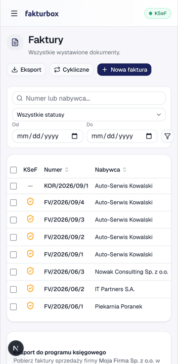 Widok listy faktur na telefonie