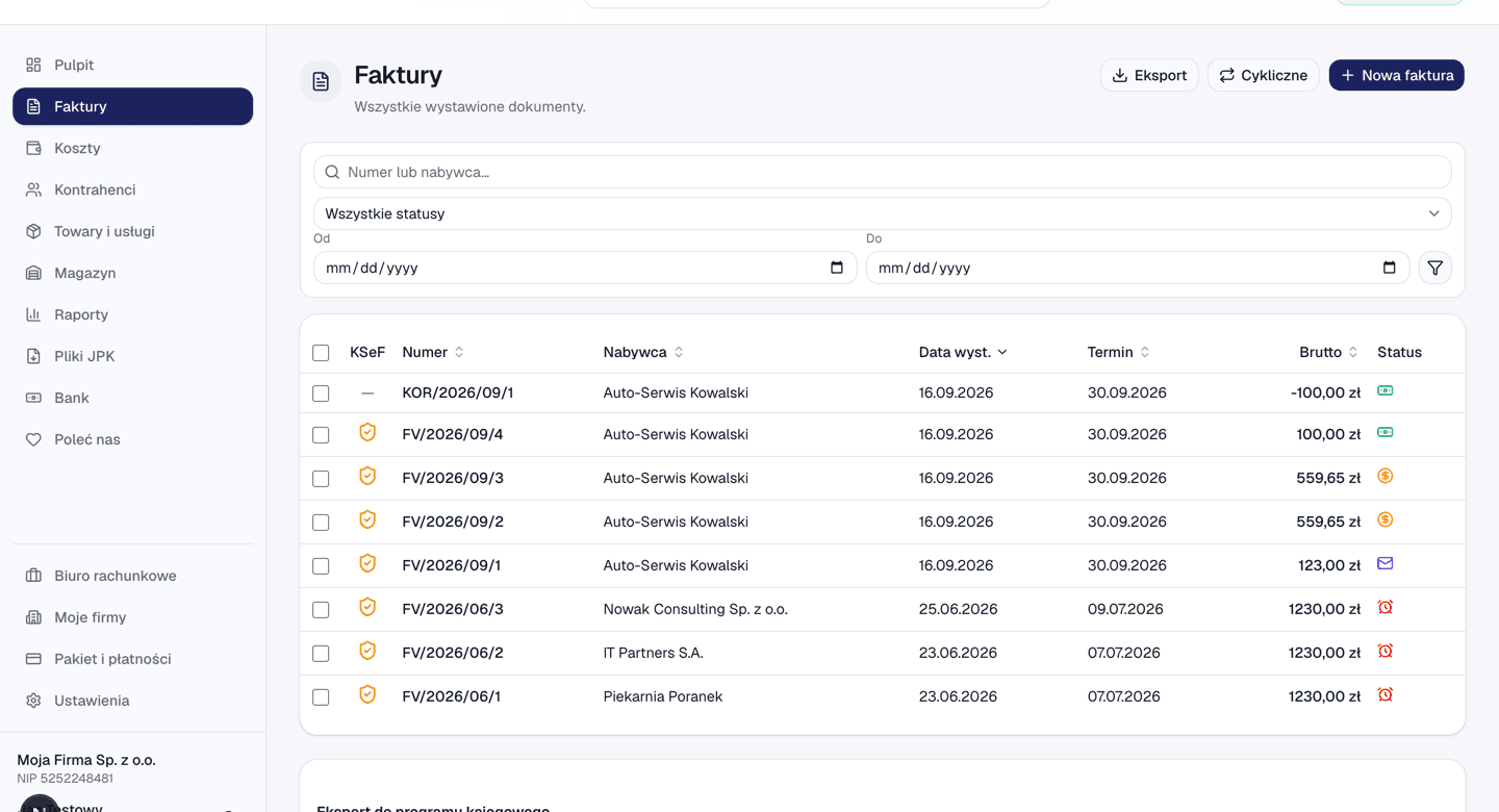 Lista faktur w programie fakturbox — numery, nabywcy, kwoty i statusy wysyłki do KSeF